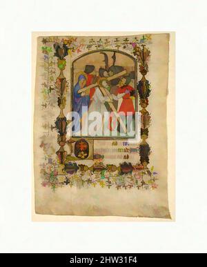 Art inspired by Manuscript Leaf from a Book of Hours Showing an Illuminated Initial D and Christ Bearing the Cross, 1390–1400, French, Parchment, tempera, ink, metal leaf, 6 13/16 x 5 1/16 in. (17.3 x 12.8 cm); mat: 12 × 10 in. (30.5 × 25.4 cm), Manuscripts and Illuminations, Classic works modernized by Artotop with a splash of modernity. Shapes, color and value, eye-catching visual impact on art. Emotions through freedom of artworks in a contemporary way. A timeless message pursuing a wildly creative new direction. Artists turning to the digital medium and creating the Artotop NFT Stock Photo