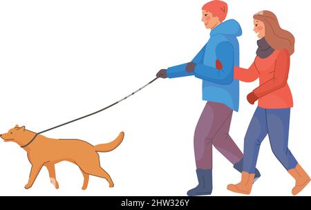 Couple walking with dog. People in warm winter clothes isolated on white background Stock Vector