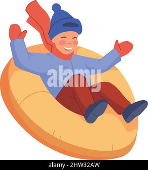 Happy child on rubber donut. Snow tubing activity isolated on white background Stock Vector