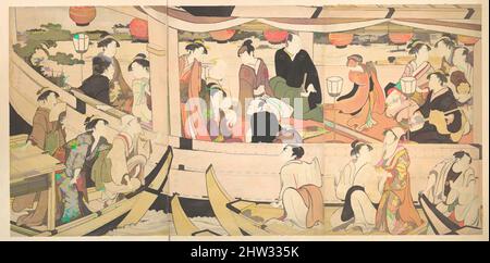 Art inspired by Pleasure Boat on the Sumida River, Edo period (1615–1868), ca. 1788–90, Japan, Triptych of polychrome woodblock prints; ink and color on paper, 14 3/4 x 10 in. (37.5 x 25.4 cm), Prints, Torii Kiyonaga (Japanese, 1752–1815), In this composition, kabuki actors and, Classic works modernized by Artotop with a splash of modernity. Shapes, color and value, eye-catching visual impact on art. Emotions through freedom of artworks in a contemporary way. A timeless message pursuing a wildly creative new direction. Artists turning to the digital medium and creating the Artotop NFT Stock Photo
