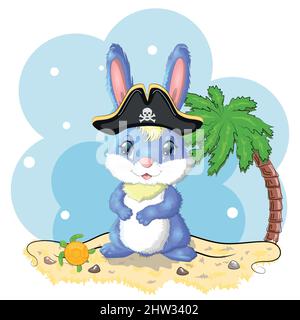 Bunny pirate, cartoon character of the game, wild animal rabbit in a bandana and a cocked hat with a skull, with an eye patch. Character with bright e Stock Vector