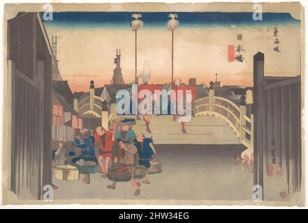 Art inspired by 東海道五十三次之内　日本橋　朝之景, Stations One: Morning View of Nihonbashi, Edo period (1615–1868), ca. 1833–34, Japan, Polychrome woodblock print; ink and color on paper, H. 9 1/2 in. (24.1 cm); W. 13 7/8 in. (35.2 cm), Prints, Utagawa Hiroshige (Japanese, Tokyo (Edo) 1797–1858 Tokyo, Classic works modernized by Artotop with a splash of modernity. Shapes, color and value, eye-catching visual impact on art. Emotions through freedom of artworks in a contemporary way. A timeless message pursuing a wildly creative new direction. Artists turning to the digital medium and creating the Artotop NFT Stock Photo