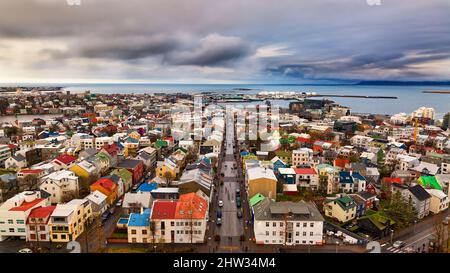 Bird's eye view of the cityscape of Reykjavik with colorful houses in Iceland on a gloomy day Stock Photo