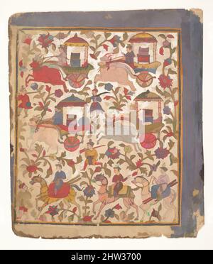 Art inspired by Procession of Carriages Carrying Booty: Page from a Dispersed Bhagavata Purana Manuscript, ca. 1640–50, India (Gujarat), Ink and opaque watercolor on paper, Image: 9 in. × 7 1/2 in. (22.9 × 19.1 cm), Paintings, This scene of recovered booty relates to one of the many, Classic works modernized by Artotop with a splash of modernity. Shapes, color and value, eye-catching visual impact on art. Emotions through freedom of artworks in a contemporary way. A timeless message pursuing a wildly creative new direction. Artists turning to the digital medium and creating the Artotop NFT Stock Photo