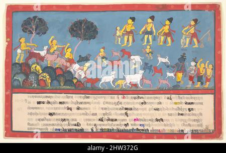 Art inspired by Krishna, Balarama, and the Cowherders: Page from a Dispersed Bhagavata Purana (Ancient Stories of Lord Vishnu), 1800–1825, India (Orissa), Ink and opaque watercolor on paper, 9 5/8 x 15 1/4 in. (24.4 x 38.7 cm), Paintings, Krishna and Balarama, at the lower right, join, Classic works modernized by Artotop with a splash of modernity. Shapes, color and value, eye-catching visual impact on art. Emotions through freedom of artworks in a contemporary way. A timeless message pursuing a wildly creative new direction. Artists turning to the digital medium and creating the Artotop NFT Stock Photo