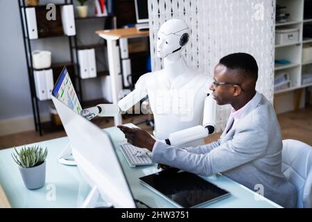 AI Humanoid Advisor Robot Looking At KPI Data Dashboard Stock Photo