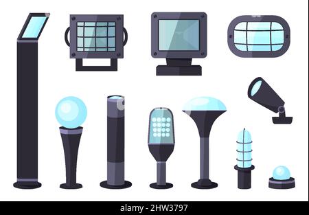 Lighting outdoor garden urban fixture flat set. Front street lamp spot outside inside building courtyard technique street. Modern classic gothic style various size design road electricity isolated Stock Vector