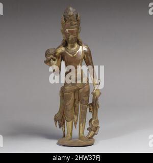 Art inspired by Bodhisattva, probably Padmapani Lokeshvara, Licchavi–Thakuri periods, 10th–11th century, Nepal (Kathmandu Valley), Gilt copper alloy, H. 11 7/8 in. (30.2 cm), Sculpture, This bodhisattva, richly bejeweled and crowned, holds a flywhisk in his raised hand, indicating that, Classic works modernized by Artotop with a splash of modernity. Shapes, color and value, eye-catching visual impact on art. Emotions through freedom of artworks in a contemporary way. A timeless message pursuing a wildly creative new direction. Artists turning to the digital medium and creating the Artotop NFT Stock Photo