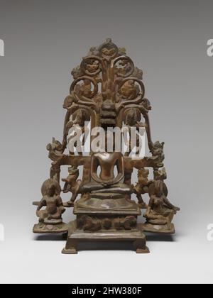 Enthroned Jina Attended by a Yaksha, a Yakshi, and Chauri-Bearers ...