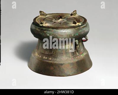 Art inspired by Miniature Drum with Four Frogs, Bronze and Iron Age period, Dongson culture, ca. 500 B.C.–A.D. 300, Vietnam, Bronze, H. 4 in. (10.2 cm), Metalwork, Ranging in height from a few inches to over six feet, up to four feet in diameter, and often of considerable weight, drums, Classic works modernized by Artotop with a splash of modernity. Shapes, color and value, eye-catching visual impact on art. Emotions through freedom of artworks in a contemporary way. A timeless message pursuing a wildly creative new direction. Artists turning to the digital medium and creating the Artotop NFT Stock Photo