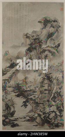 Art inspired by 清 倣髡殘 蒸嵐昏巒圖 軸, Wooded Mountains at Dusk, Qing dynasty (1644–1911), dated 1666, China, Hanging scroll; ink and color on paper, Image: 49 1/2 x 24 in. (125.7 x 61 cm), Paintings, Kuncan (Chinese, 1612–1673), Born on the Buddha's birthday, Kuncan took Buddhist monastic, Classic works modernized by Artotop with a splash of modernity. Shapes, color and value, eye-catching visual impact on art. Emotions through freedom of artworks in a contemporary way. A timeless message pursuing a wildly creative new direction. Artists turning to the digital medium and creating the Artotop NFT Stock Photo