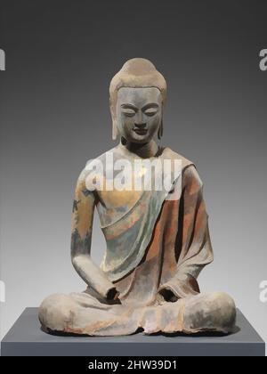 Art inspired by 唐 彩繪漆金夾紵阿彌陀佛像, Buddha, Probably Amitabha (Amituofo), Tang dynasty (618–907), early 7th century, China, Hollow dry lacquer with traces of gilt and polychrome pigment and gilding, H. 38 in. (96.5 cm); W. 27 in. (68.6 cm); D. 22 1/2 in. (57.1 cm), Sculpture, The position, Classic works modernized by Artotop with a splash of modernity. Shapes, color and value, eye-catching visual impact on art. Emotions through freedom of artworks in a contemporary way. A timeless message pursuing a wildly creative new direction. Artists turning to the digital medium and creating the Artotop NFT Stock Photo