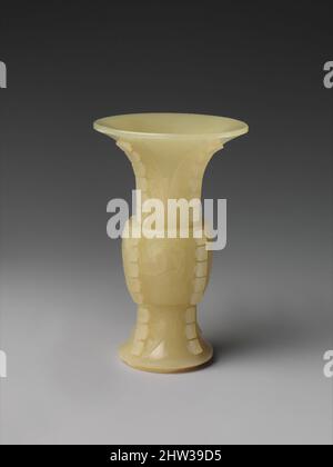 Art inspired by 清中期 玉仿古小花觚, Miniature vase in the shape of an ancient ritual vessel (gu), Qing dynasty (1644–1911), 18th century, China, Jade (nephrite), H. 3 3/4 in. (9.6 cm); W. 2 5/16 in. (5.9 cm), Jade, The shape, raised ridges, and incised decoration on the surface of this vase, Classic works modernized by Artotop with a splash of modernity. Shapes, color and value, eye-catching visual impact on art. Emotions through freedom of artworks in a contemporary way. A timeless message pursuing a wildly creative new direction. Artists turning to the digital medium and creating the Artotop NFT Stock Photo