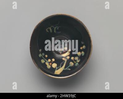 Art inspired by Tea Bowl with Crescent Moon, Clouds, and Blossoming Plum, Southern Song (1127–1279)–Yuan (1271–1368) dynasty, 13th–14th century, China, Stoneware with black and brown glaze and pigment (Jizhou ware), Diam. 4 3/4 in. (12.1 cm), Ceramics, A common theme in the decorative, Classic works modernized by Artotop with a splash of modernity. Shapes, color and value, eye-catching visual impact on art. Emotions through freedom of artworks in a contemporary way. A timeless message pursuing a wildly creative new direction. Artists turning to the digital medium and creating the Artotop NFT Stock Photo