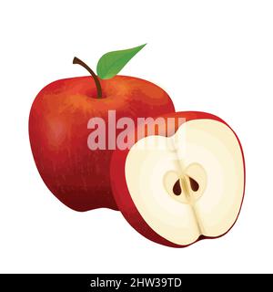 Red juicy apple with green leaf and half apple on white background, vector illustration Stock Vector