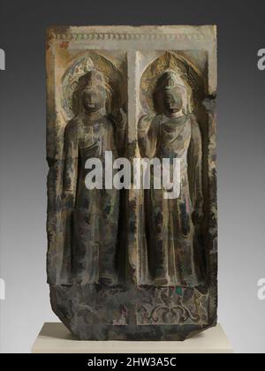 Art inspired by Stele with the Bodhisattvas Avalokiteshvara (Guanyin) and Mahasthamaprapta (Dashizi), Tang dynasty (618–907), mid- to late 7th century, China (Henan province), Limestone with traces of pigment, H. 64 1/2 in. (163.8 cm); W. 35 3/4 in. (90.8 cm); D. 12 3/4 in. (32.4 cm, Classic works modernized by Artotop with a splash of modernity. Shapes, color and value, eye-catching visual impact on art. Emotions through freedom of artworks in a contemporary way. A timeless message pursuing a wildly creative new direction. Artists turning to the digital medium and creating the Artotop NFT Stock Photo