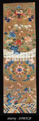 Art inspired by One of a Pair of Chair Strips with Auspicious Patterns, Qing dynasty (1644–1911), 18th century, China, Tapestry-woven (kesi) silk and metallic thread, Overall: 64 x 19 in. (162.6 x 48.3 cm), Textiles-Tapestries, Unlike upholstered furniture in the West, chairs in China, Classic works modernized by Artotop with a splash of modernity. Shapes, color and value, eye-catching visual impact on art. Emotions through freedom of artworks in a contemporary way. A timeless message pursuing a wildly creative new direction. Artists turning to the digital medium and creating the Artotop NFT Stock Photo