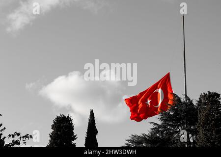 Half-staff Turkish Flag on the pole. Death anniversary of Ataturk or 10  november background photo Stock Photo - Alamy