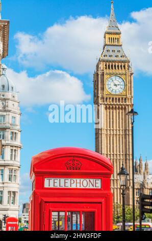 Big Ben and red phone box, London, England, UK Stock Photo