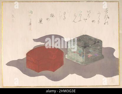 Art inspired by Incense Boxes with a Wrapping Cloth, Edo period (1615–1868), 1808, Japan, Polychrome woodblock print (surimono); ink and color on paper, 5 1/2 x 7 1/2 in. (14 x 19.1 cm), Prints, Kubo Shunman (Japanese, 1757–1820), Two incense containers are depicted on this privately, Classic works modernized by Artotop with a splash of modernity. Shapes, color and value, eye-catching visual impact on art. Emotions through freedom of artworks in a contemporary way. A timeless message pursuing a wildly creative new direction. Artists turning to the digital medium and creating the Artotop NFT Stock Photo