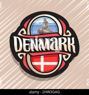 Vector logo for Denmark country, fridge magnet with danish flag, original brush typeface for word denmark and danish symbols - statue of little mermai Stock Vector