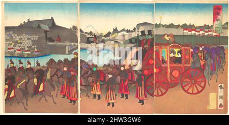 Art inspired by Go Horen no zu, View of the Imperial Carriage, Meiji period (1868–1912), 1889 (Meiji 22), Japan, One sheet of a triptych of polychrome woodblock prints; ink and color on paper, Triptych 14 9/16 x 29 in. (37 x 73.6 cm), Prints, Utagawa Kunitoshi (Japanese, active 2nd, Classic works modernized by Artotop with a splash of modernity. Shapes, color and value, eye-catching visual impact on art. Emotions through freedom of artworks in a contemporary way. A timeless message pursuing a wildly creative new direction. Artists turning to the digital medium and creating the Artotop NFT Stock Photo