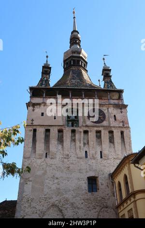 View onto Sigishoaras famous Clock Tower from inside of the citadel, Romania 2021 Stock Photo