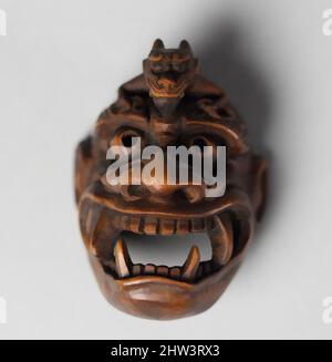 Art inspired by Netsuke of Demon Mask Derived from Bugaku, 19th century, Japan, Wood, H. 2 in. (5.1 cm); W. 1 3/8 in. (3.5 cm); D. 1 in. (2.5 cm), Netsuke, Classic works modernized by Artotop with a splash of modernity. Shapes, color and value, eye-catching visual impact on art. Emotions through freedom of artworks in a contemporary way. A timeless message pursuing a wildly creative new direction. Artists turning to the digital medium and creating the Artotop NFT Stock Photo
