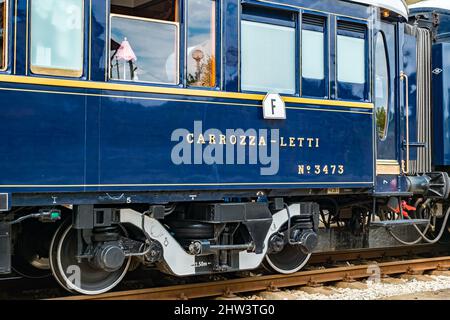 Ruse city, Bulgaria - August 29, 2017. The legendary Venice Simplon Orient Express is ready to depart from Ruse Railway station. Sleeper. The luxury t Stock Photo