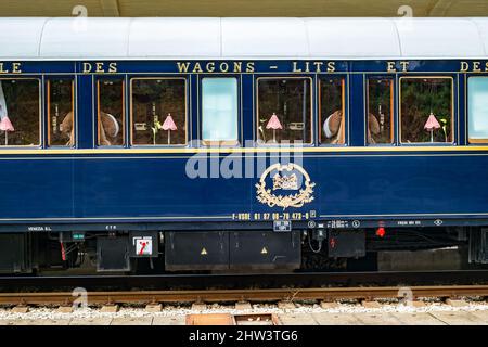 Ruse city, Bulgaria - August 29, 2017. The legendary Venice Simplon Orient Express is ready to depart from Ruse Railway station. Sleeper. The luxury t Stock Photo