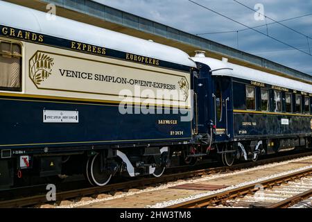 Ruse city, Bulgaria - August 29, 2017. The legendary Venice Simplon Orient Express is ready to depart from Ruse Railway station. Sleeper. The luxury t Stock Photo