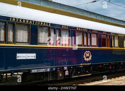 Ruse city, Bulgaria - August 29, 2017. The legendary Venice Simplon Orient Express is ready to depart from Ruse Railway station. Sleeper. The luxury t Stock Photo