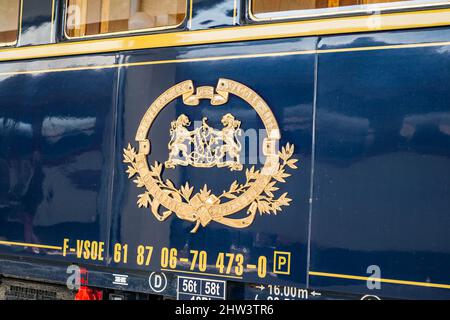 Ruse city, Bulgaria - August 29, 2017. The legendary Venice Simplon Orient Express is ready to depart from Ruse Railway station. Sleeper. The luxury t Stock Photo