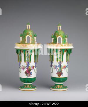 Art inspired by Vase with cover (Vase en tour) (one of a pair), ca. 1763, French, Sèvres, Soft-paste porcelain, Overall (confirmed): H. 20 1/8 x W. 8 1/4 x D. 7 7/8 in. (51.1 x 21 x 20-20.5 cm), Ceramics-Porcelain, Because of the functional nature of services made for dining or for tea, Classic works modernized by Artotop with a splash of modernity. Shapes, color and value, eye-catching visual impact on art. Emotions through freedom of artworks in a contemporary way. A timeless message pursuing a wildly creative new direction. Artists turning to the digital medium and creating the Artotop NFT Stock Photo