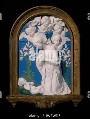 Art inspired by Virgin Adoring the Christ Child, after 1479, Italian, Florence, Glazed terracotta, Overall: 29 1/2 × 20 1/16 × 5 in. (74.9 × 51 × 12.7 cm), Sculpture, Workshop of Andrea della Robbia (Italian, 1435–1525), This is a possibly unique variant of several types of variants, Classic works modernized by Artotop with a splash of modernity. Shapes, color and value, eye-catching visual impact on art. Emotions through freedom of artworks in a contemporary way. A timeless message pursuing a wildly creative new direction. Artists turning to the digital medium and creating the Artotop NFT Stock Photo