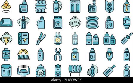 E-cigarette accessories icons set outline vector. Liquid cotton. Vape smoke Stock Vector