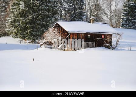 Chalet in the middle of snowfield in the mountain over Villars-sur-Ollon in the Suisse Alps Stock Photo