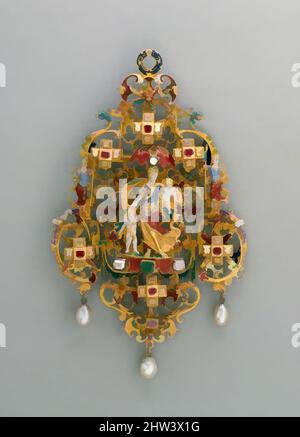 Art inspired by Pendant with Charity and Her Children, late 16th–early 17th century, probably German, Augsburg, Gold, partly enameled and set with diamonds, rubies, and an emerald and with pendant pearls, Height: 5 1/16 in. (12.9 cm), Metalwork-Gold and Platinum, Yvonne Hackenbroch, Classic works modernized by Artotop with a splash of modernity. Shapes, color and value, eye-catching visual impact on art. Emotions through freedom of artworks in a contemporary way. A timeless message pursuing a wildly creative new direction. Artists turning to the digital medium and creating the Artotop NFT Stock Photo