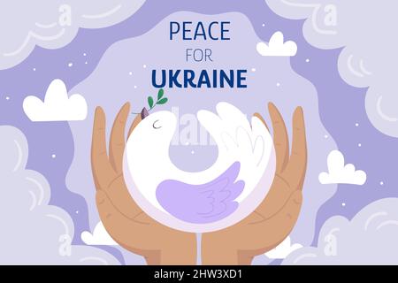 Two hands holding white pigeon, dove on light purple background with clouds. Peace for Ukraine concept illustration. Ukrainian-russian military crisis Stock Vector