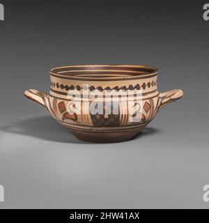 Art inspired by Terracotta skyphos (deep drinking cup), Geometric, ca. 750 B.C., Greek, Euboean, Terracotta, H. 3 11/16 in. (9.4 cm), Vases, Obverse and reverse, metopes with birds, Classic works modernized by Artotop with a splash of modernity. Shapes, color and value, eye-catching visual impact on art. Emotions through freedom of artworks in a contemporary way. A timeless message pursuing a wildly creative new direction. Artists turning to the digital medium and creating the Artotop NFT Stock Photo