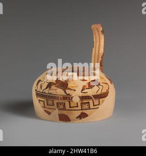 Art inspired by Fragment of a terracotta oinochoe (jug), Archaic, ca. 560–550 B.C., East Greek, Milesian, Fikellura, Terracotta, H. of a 5 3/4 in. (14.6 cm); length of b 3 1/2 in. (8.9 cm), Vases, On the shoulder, deer attacked by sphinxes and griffins, water birds On the body, bull, Classic works modernized by Artotop with a splash of modernity. Shapes, color and value, eye-catching visual impact on art. Emotions through freedom of artworks in a contemporary way. A timeless message pursuing a wildly creative new direction. Artists turning to the digital medium and creating the Artotop NFT Stock Photo