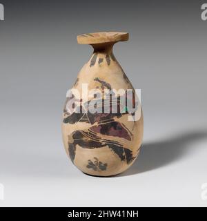 Art inspired by Terracotta alabastron (perfume vase), Transitional, ca. 630–615 B.C., Greek, Corinthian, Terracotta; black-figure, H. 3 13/16 in. (9.7 cm), Vases, Winged male figure, Classic works modernized by Artotop with a splash of modernity. Shapes, color and value, eye-catching visual impact on art. Emotions through freedom of artworks in a contemporary way. A timeless message pursuing a wildly creative new direction. Artists turning to the digital medium and creating the Artotop NFT Stock Photo