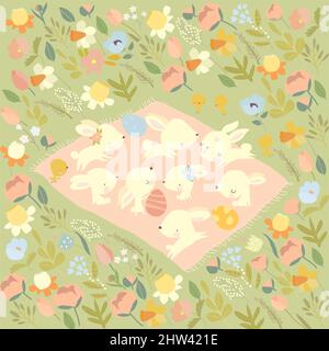 Cute Cartoon Rabbits celebrating Easter on Flowers Meadow Stock Vector