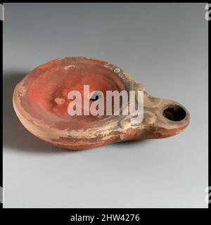Art inspired by Lamp, concave top, 1st century B.C.–1st century A.D., Cypriot, Terracotta, Overall: 15/16 x 3 9/16 in. (2.4 x 9.1 cm), Terracottas, Classic works modernized by Artotop with a splash of modernity. Shapes, color and value, eye-catching visual impact on art. Emotions through freedom of artworks in a contemporary way. A timeless message pursuing a wildly creative new direction. Artists turning to the digital medium and creating the Artotop NFT Stock Photo