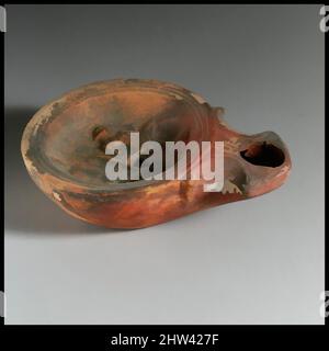 Art inspired by Lamp, concave top, 1st century B.C.–1st century A.D., Cypriot, Terracotta, Overall: 1 1/16 x 3 5/8 in. (2.7 x 9.2 cm), Terracottas, Classic works modernized by Artotop with a splash of modernity. Shapes, color and value, eye-catching visual impact on art. Emotions through freedom of artworks in a contemporary way. A timeless message pursuing a wildly creative new direction. Artists turning to the digital medium and creating the Artotop NFT Stock Photo