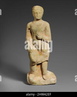 Art inspired by Limestone statuette of a beardless male votary with a wreath of leaves, Hellenistic ?, 310–30 B.C., Cypriot, Hard limestone, Overall: 16 1/2 x 6 1/4 x 3 3/4 in. (41.9 x 15.9 x 9.5 cm), Cesnola Inscriptions, The young man wears a short chiton and a himation that is, Classic works modernized by Artotop with a splash of modernity. Shapes, color and value, eye-catching visual impact on art. Emotions through freedom of artworks in a contemporary way. A timeless message pursuing a wildly creative new direction. Artists turning to the digital medium and creating the Artotop NFT Stock Photo