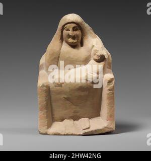 Art inspired by Seated limestone kourotrophos, Archaic, late 6th or early 5th century B.C., Cypriot, Limestone, Overall: H.:6 1/8 x W.:4 x D.:2 in. (15.6 x 10.2 x 5.1 cm), Stone Sculpture, Statue of a 'nursing mother' with veil seated on a high-backed throne, Classic works modernized by Artotop with a splash of modernity. Shapes, color and value, eye-catching visual impact on art. Emotions through freedom of artworks in a contemporary way. A timeless message pursuing a wildly creative new direction. Artists turning to the digital medium and creating the Artotop NFT Stock Photo