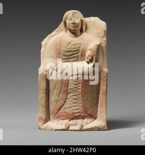 Art inspired by Seated limestone kourotrophos, Classical, 2nd half of the 5th century B.C., Cypriot, Limestone, Overall:H.: 5 x W.:4 1/8 x D.:3 in. (12.7 x 10.5 x 7.6 cm), Stone Sculpture, Statue of 'nursing mother' seated on a high-backed throne, Classic works modernized by Artotop with a splash of modernity. Shapes, color and value, eye-catching visual impact on art. Emotions through freedom of artworks in a contemporary way. A timeless message pursuing a wildly creative new direction. Artists turning to the digital medium and creating the Artotop NFT Stock Photo