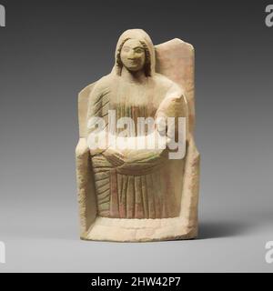 Art inspired by Seated limestone kourotrophos, Classical, 2nd half of the 5th century B.C., Cypriot, Limestone, Overall:H.: 9 x W.:5 1/4 x D.:1 5/8 in. (22.9 x 13.3 x 4.1 cm), Stone Sculpture, Seated 'nursing mother' on a high-backed throne, Classic works modernized by Artotop with a splash of modernity. Shapes, color and value, eye-catching visual impact on art. Emotions through freedom of artworks in a contemporary way. A timeless message pursuing a wildly creative new direction. Artists turning to the digital medium and creating the Artotop NFT Stock Photo