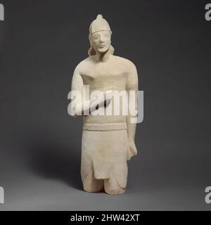 Art inspired by Limestone statuette of a beardless male votary in Egyptianizing dress wearing a helmet, Archaic, first half of the 6th century B.C., Cypriot, Limestone, H.: 26 3/4 x 9 3/4 x 4 3/4 in. (67.9 x 24.8 x 12.1 cm), Stone Sculpture, Male figure with Egyptian loin-cloth and, Classic works modernized by Artotop with a splash of modernity. Shapes, color and value, eye-catching visual impact on art. Emotions through freedom of artworks in a contemporary way. A timeless message pursuing a wildly creative new direction. Artists turning to the digital medium and creating the Artotop NFT Stock Photo